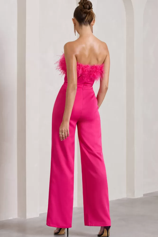 Club L London First Class | Hot Bandeau Feather Wide Leg Jumpsuit PINK Fashion