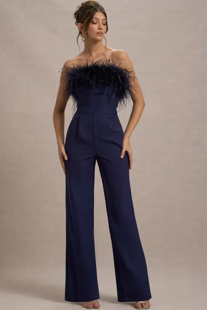 Club L London First Class | Bandeau Feather Wide Leg Jumpsuit NAVY Discount