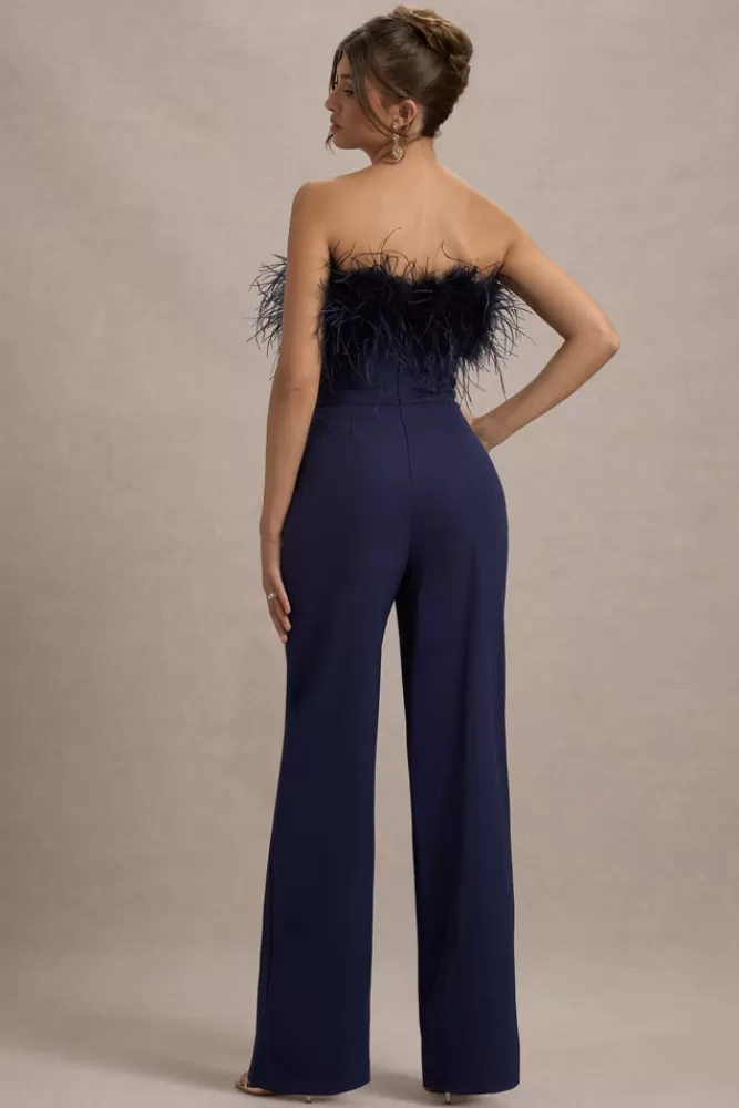 Club L London First Class | Bandeau Feather Wide Leg Jumpsuit NAVY Discount