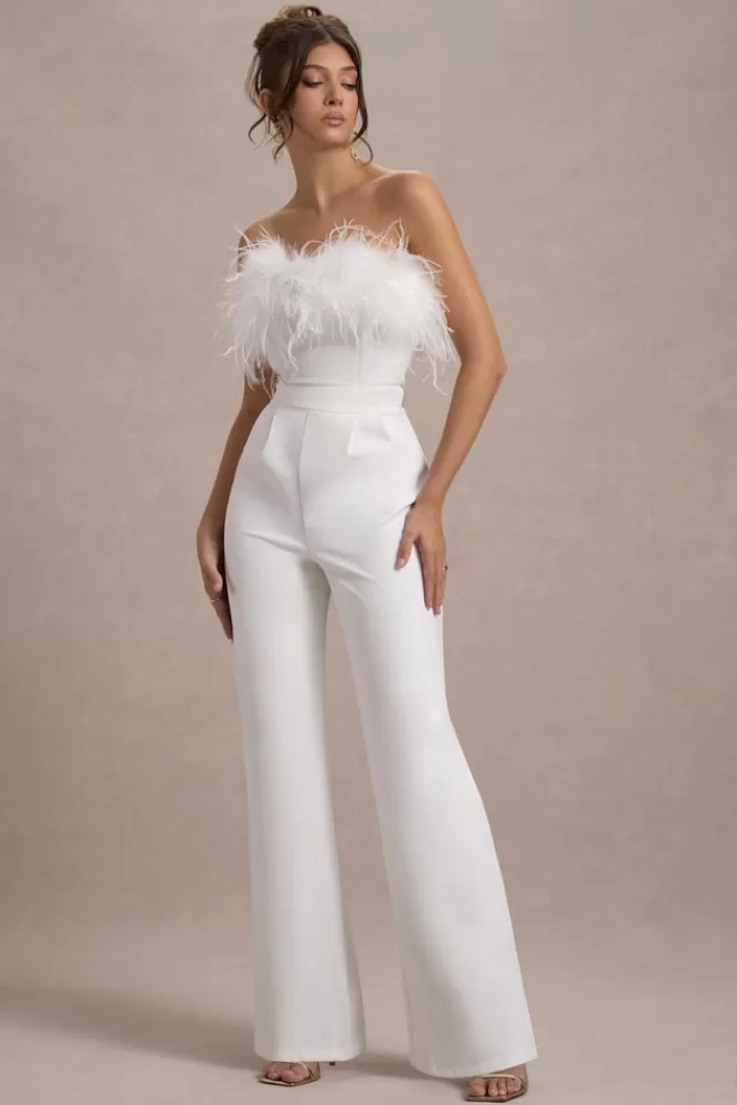 Club L London First Class | Bandeau Feather Wide Leg Jumpsuit White Hot