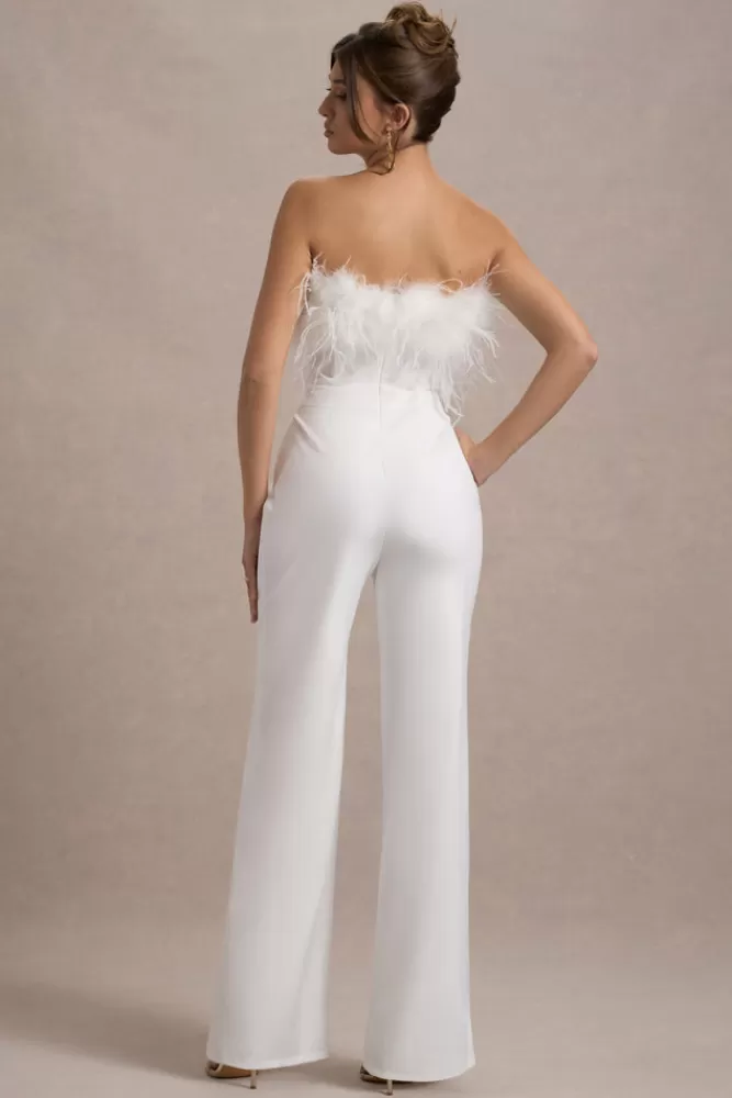 Club L London First Class | Bandeau Feather Wide Leg Jumpsuit White Hot