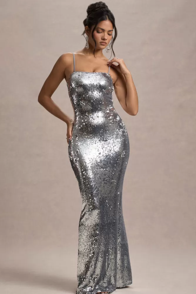 Club L London Flashback | Silver Sequin Strappy Maxi Dress GOLD Outlet