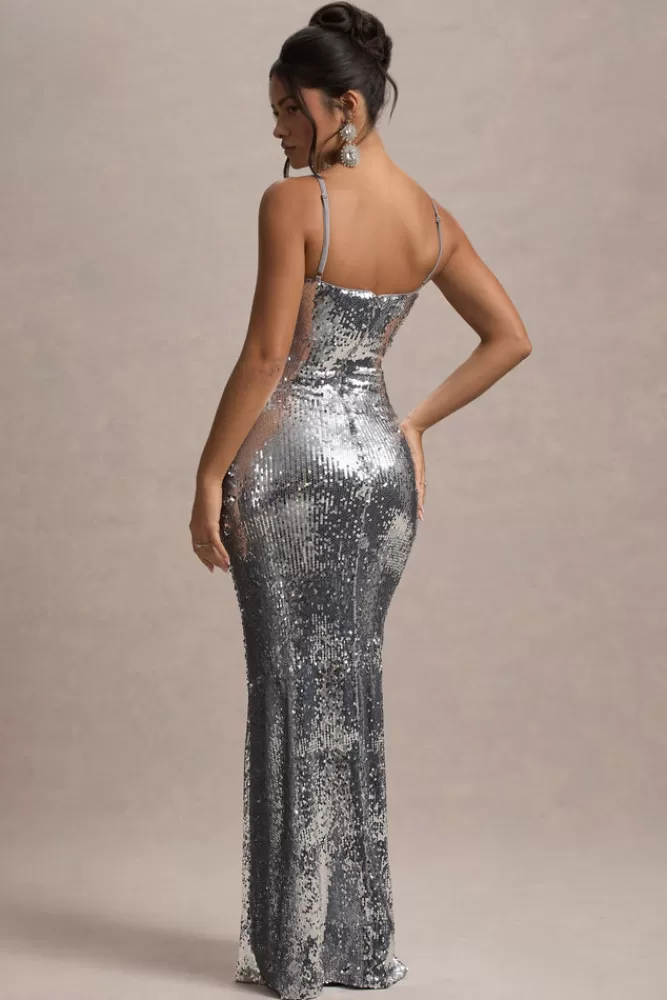 Club L London Flashback | Silver Sequin Strappy Maxi Dress GOLD Outlet