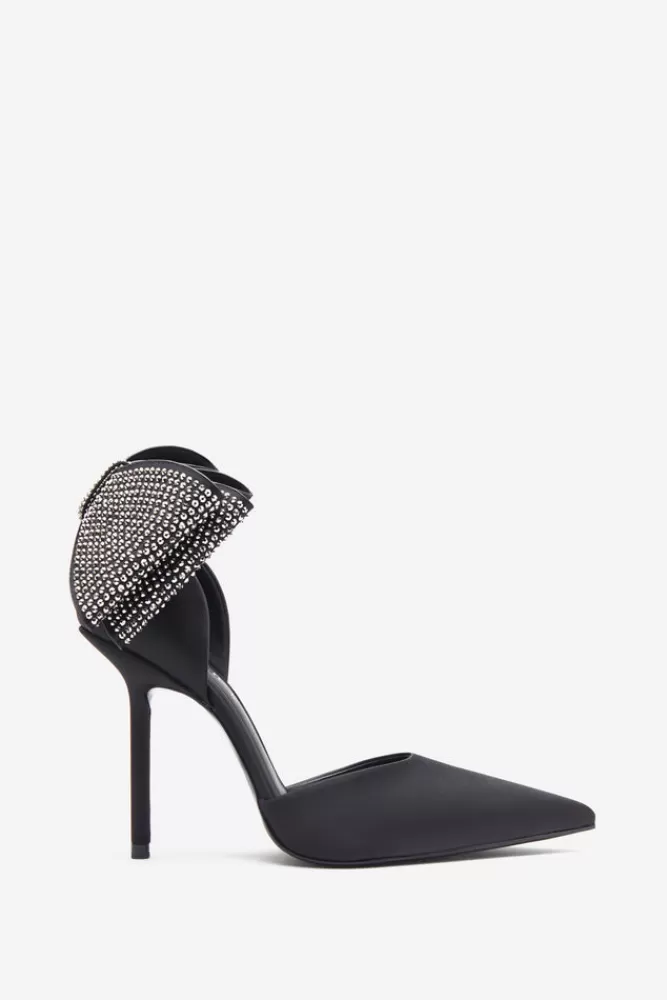 Club L London Flashing Lights | Black Satin Pointed Court Heels With Diamante Bows BLACKSATIN Online