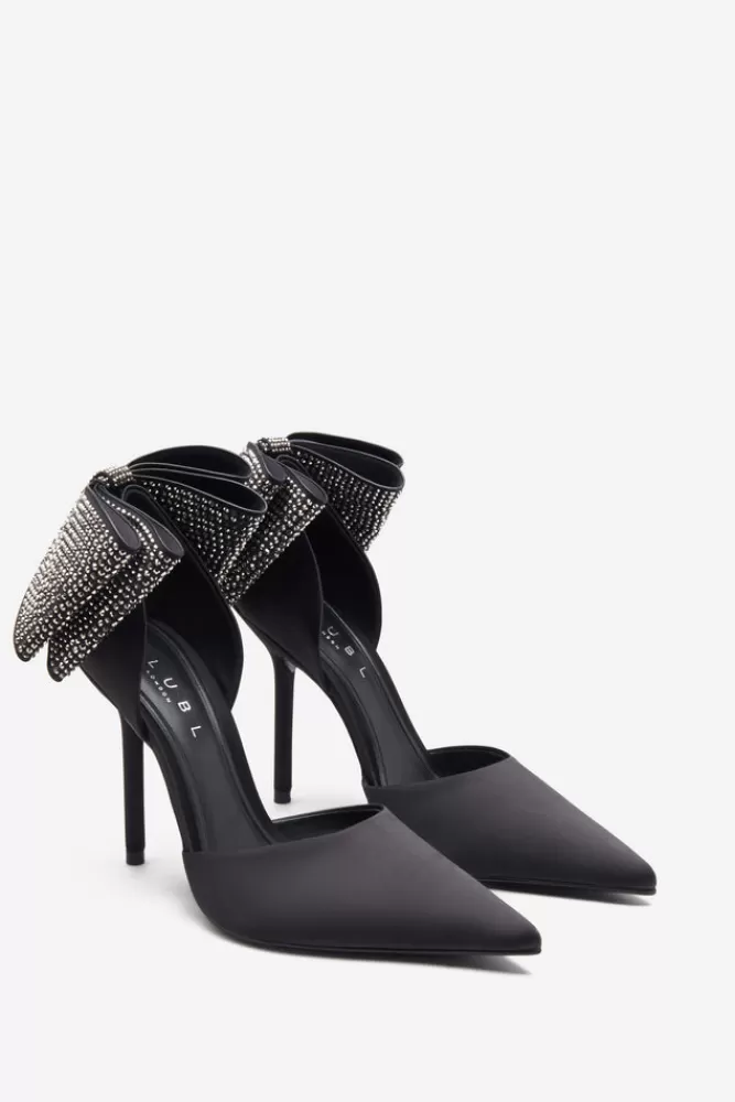 Club L London Flashing Lights | Black Satin Pointed Court Heels With Diamante Bows BLACKSATIN Online