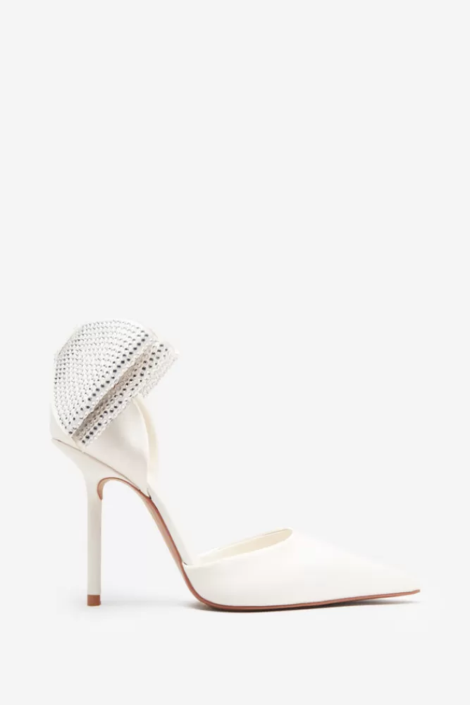 Club L London Flashing Lights | Satin Pointed Court Heels With Diamante Bows IVORY Outlet