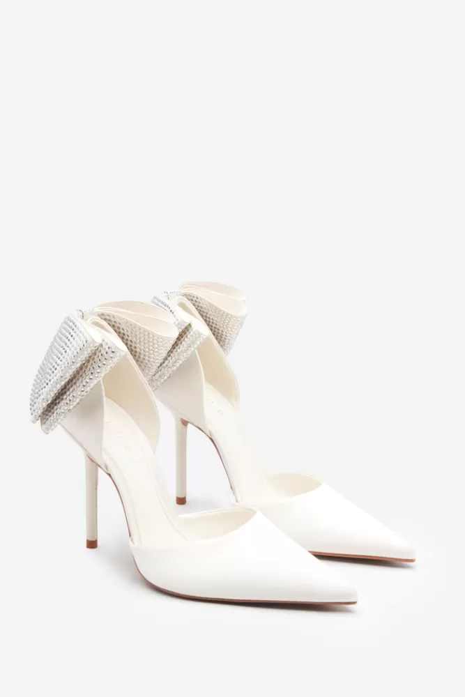 Club L London Flashing Lights | Satin Pointed Court Heels With Diamante Bows IVORY Outlet