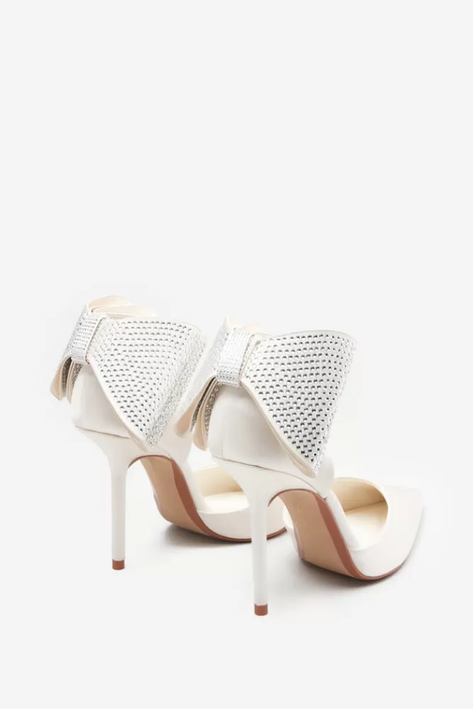 Club L London Flashing Lights | Satin Pointed Court Heels With Diamante Bows IVORY Outlet