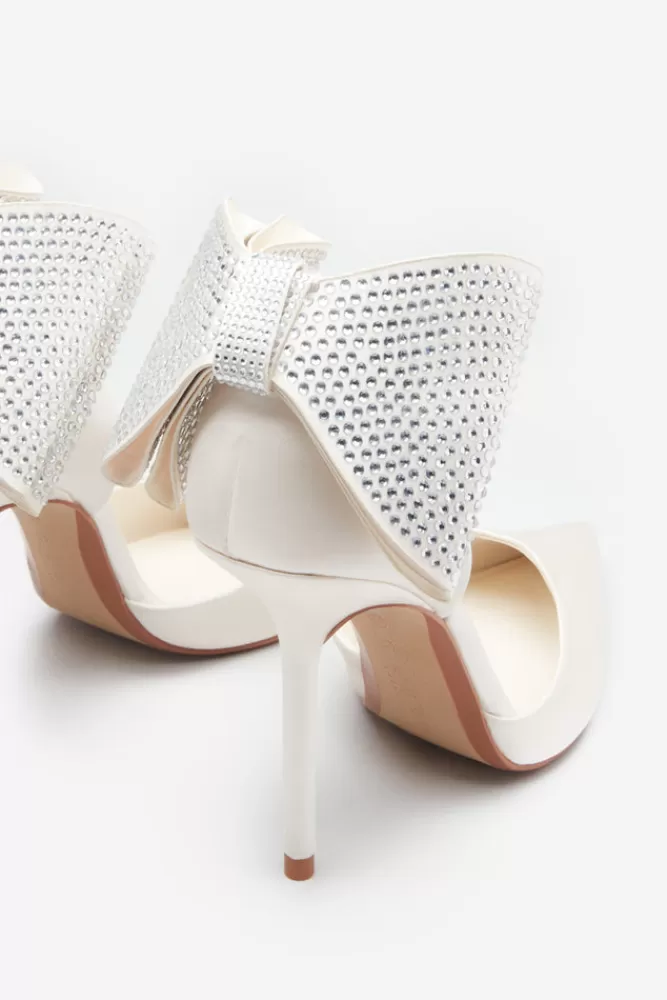 Club L London Flashing Lights | Satin Pointed Court Heels With Diamante Bows IVORY Outlet