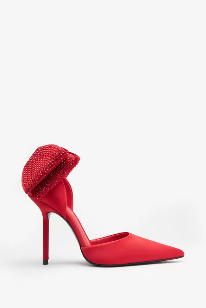 Club L London Flashing Lights | Red Satin Pointed Court Heels With Diamante Bows REDSATIN Clearance