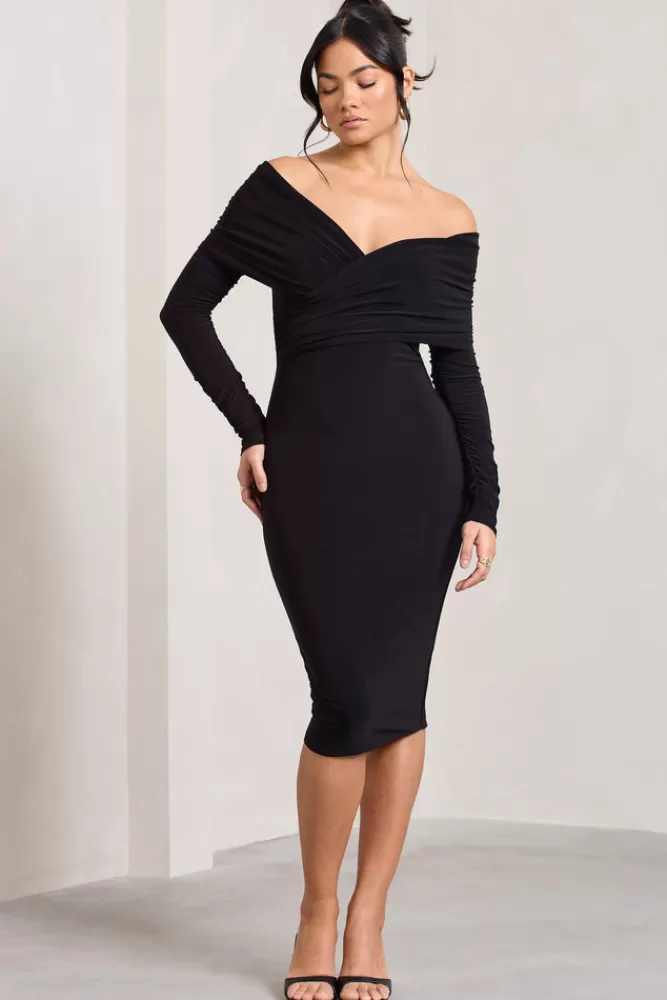 Club L London Flatter Me | Twist Front Bardot Midi Dress BLACK Shop