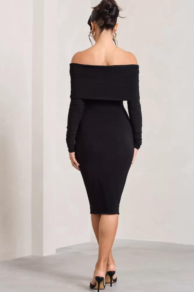 Club L London Flatter Me | Twist Front Bardot Midi Dress BLACK Shop