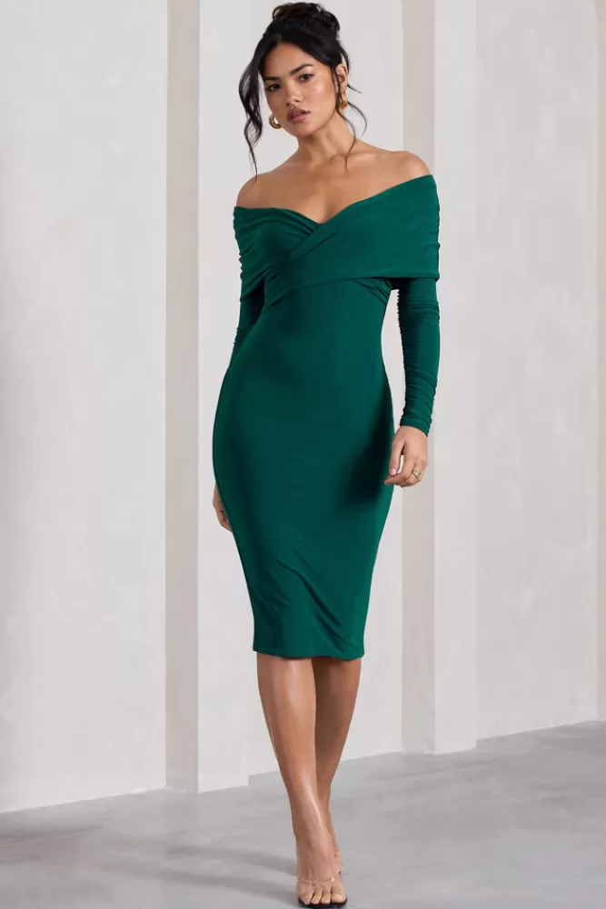 Club L London Flatter Me | Bottle Green Twist Front Bardot Midi Dress BottleGreen Fashion