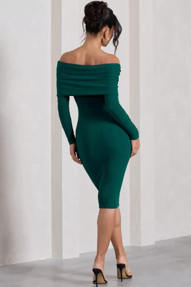 Club L London Flatter Me | Bottle Green Twist Front Bardot Midi Dress BottleGreen Fashion