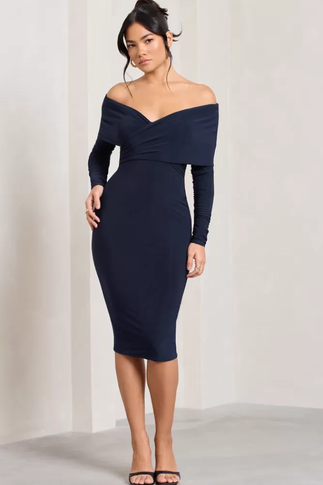 Club L London Flatter Me | Twist Front Bardot Midi Dress NAVY Store