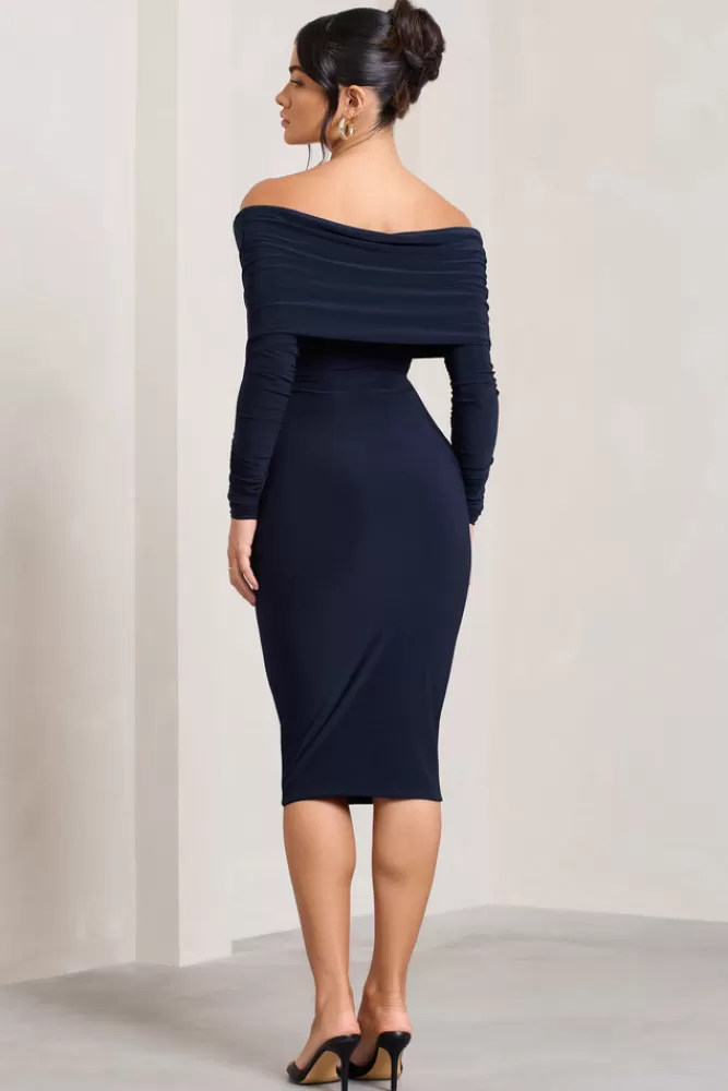 Club L London Flatter Me | Twist Front Bardot Midi Dress NAVY Store