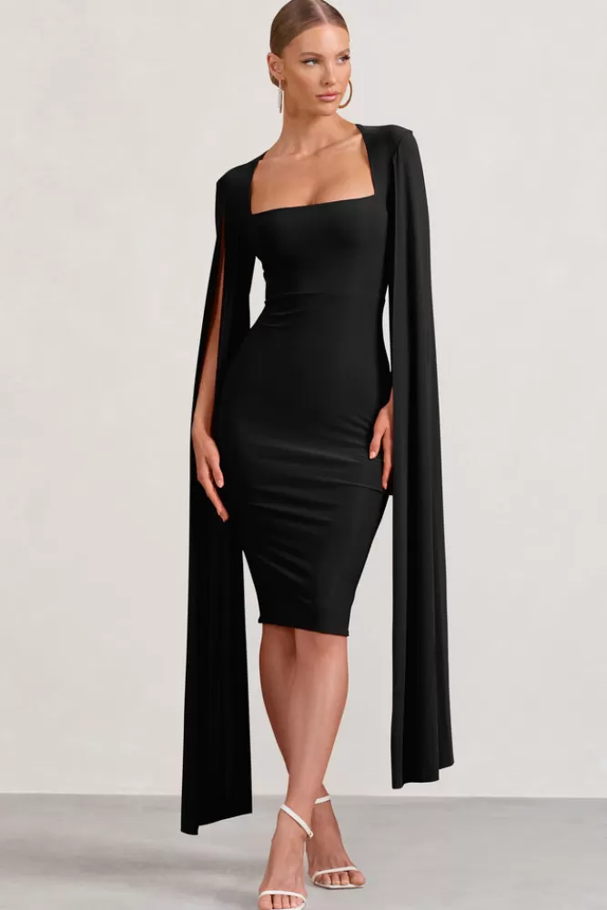 Club L London Flawless | Square Neck Midi Dress With Cape Sleeves BLACK Hot