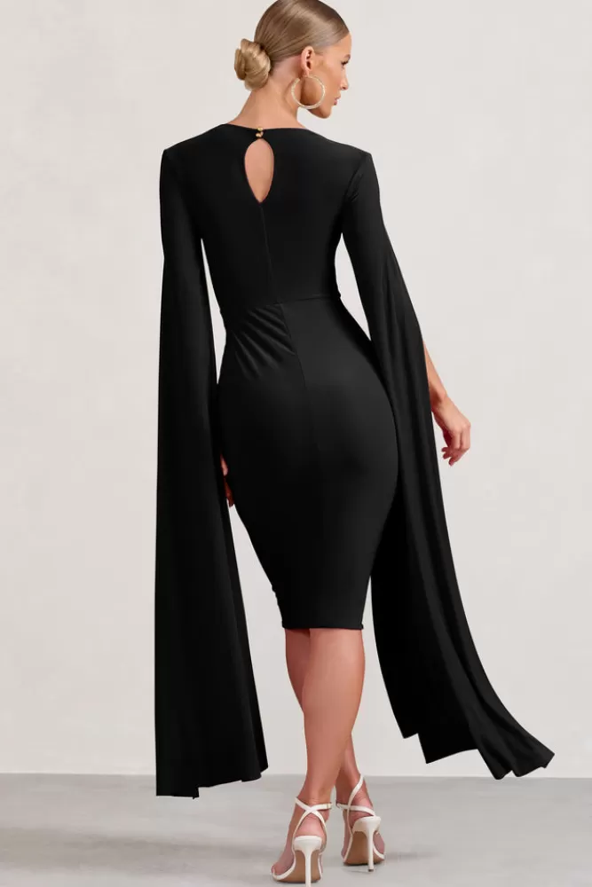 Club L London Flawless | Square Neck Midi Dress With Cape Sleeves BLACK Hot