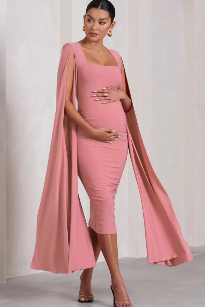 Club L London Flawless | Blush Pink Maternity Square Neck Midi Dress With Cape Sleeves BLUSHPINK Best