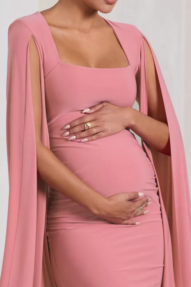 Club L London Flawless | Blush Pink Maternity Square Neck Midi Dress With Cape Sleeves BLUSHPINK Best