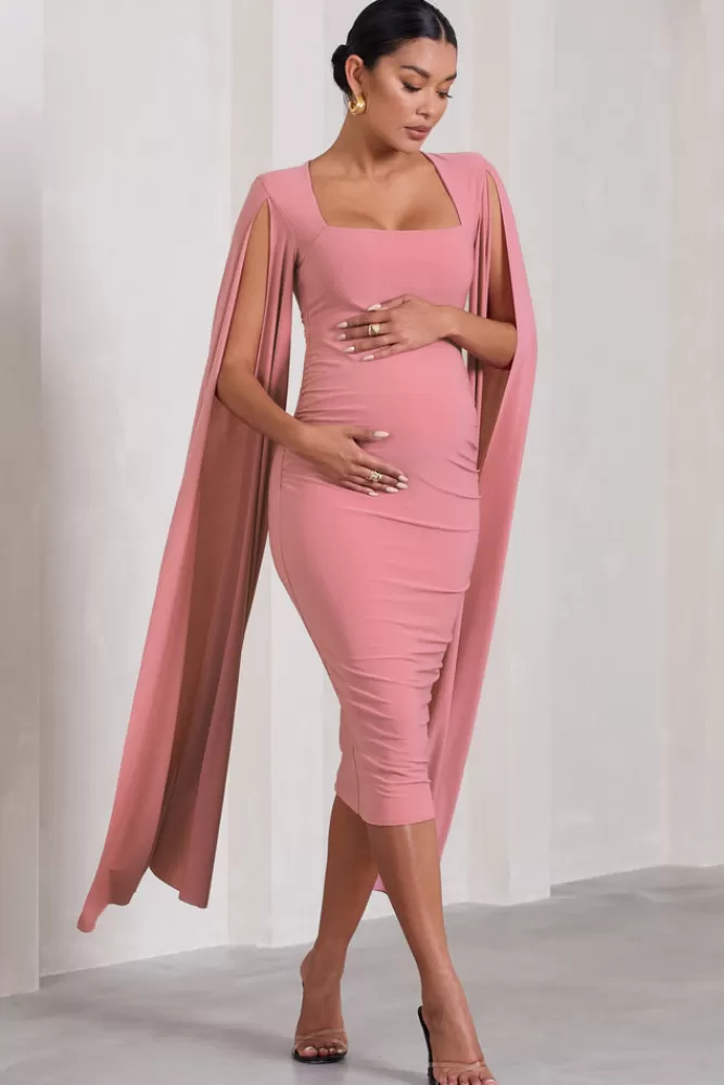 Club L London Flawless | Blush Pink Maternity Square Neck Midi Dress With Cape Sleeves BLUSHPINK Best