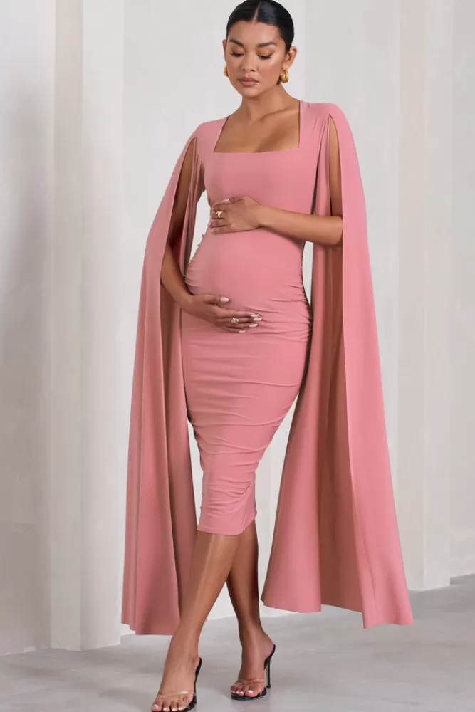 Club L London Flawless | Blush Pink Maternity Square Neck Midi Dress With Cape Sleeves BLUSHPINK Best