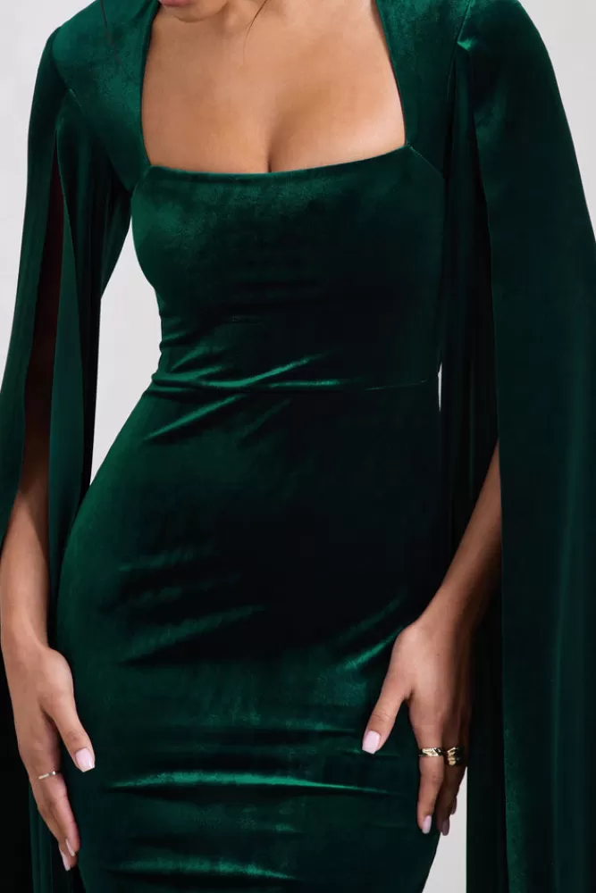Club L London Flawless | Bottle Green Velvet Square Neck Midi Dress With Cape Sleeves BOTTLEGREEN Clearance