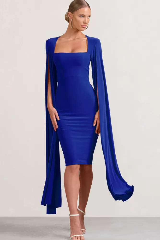 Club L London Flawless | Cobalt Blue Square Neck Midi Dress With Cape Sleeves COBALTBLUE Outlet
