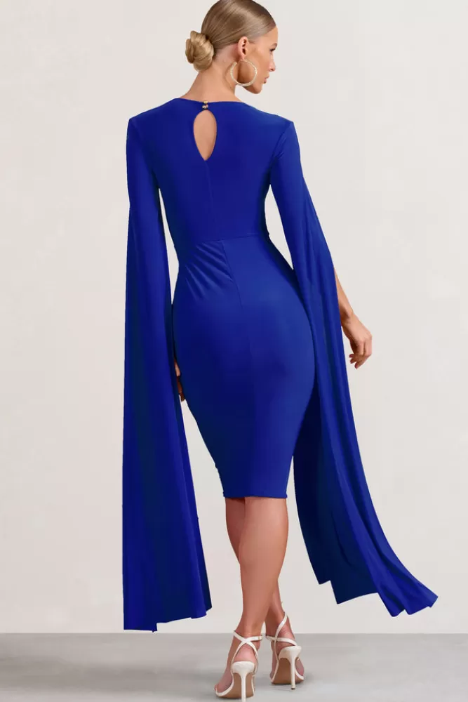 Club L London Flawless | Cobalt Blue Square Neck Midi Dress With Cape Sleeves COBALTBLUE Outlet