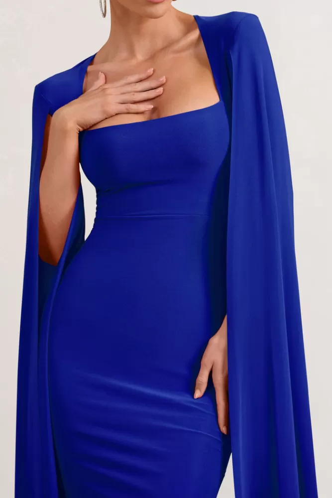 Club L London Flawless | Cobalt Blue Square Neck Midi Dress With Cape Sleeves COBALTBLUE Outlet