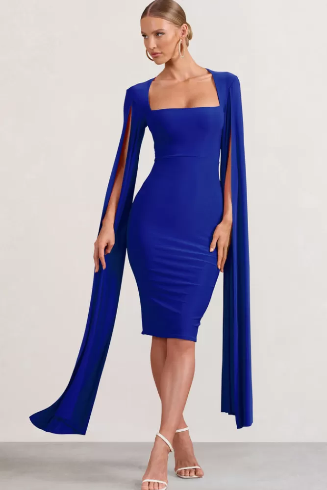 Club L London Flawless | Cobalt Blue Square Neck Midi Dress With Cape Sleeves COBALTBLUE Outlet