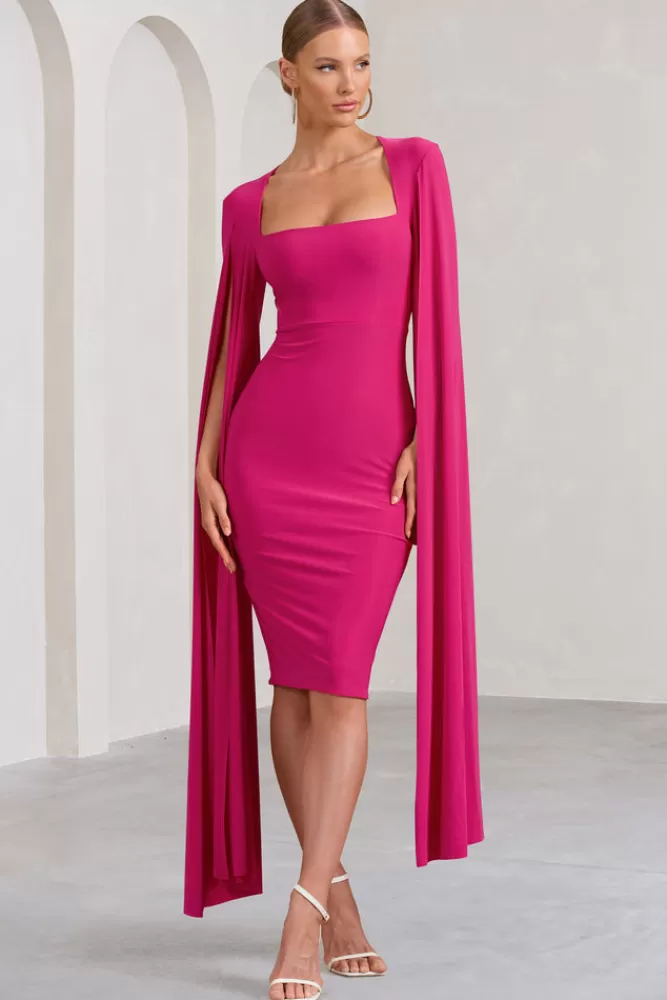 Club L London Flawless | Hot Pink Square Neck Midi Dress With Cape Sleeves HOTPINK Store