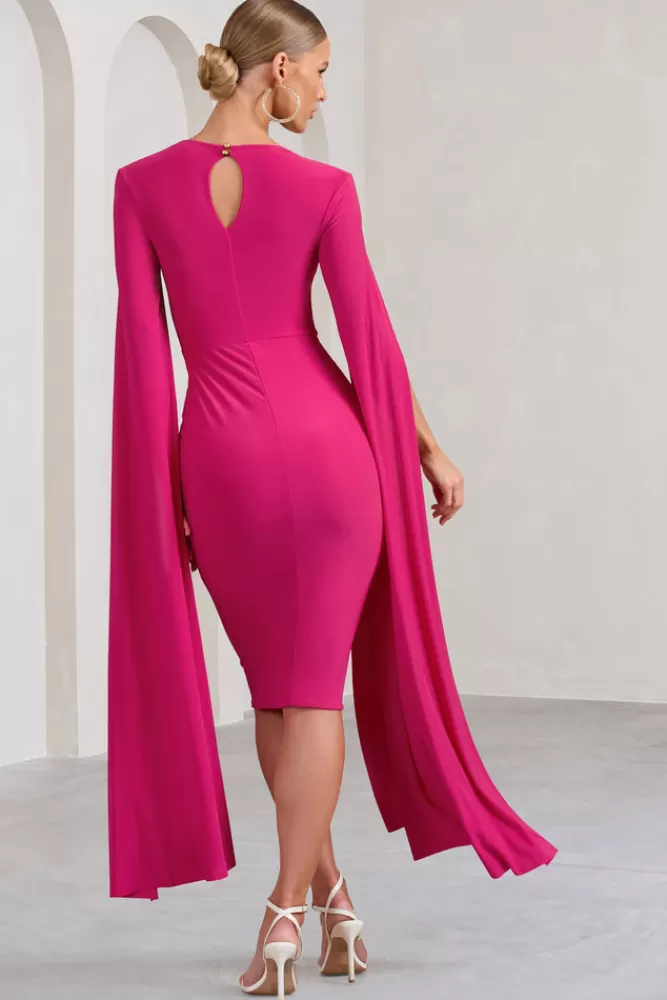 Club L London Flawless | Hot Pink Square Neck Midi Dress With Cape Sleeves HOTPINK Store