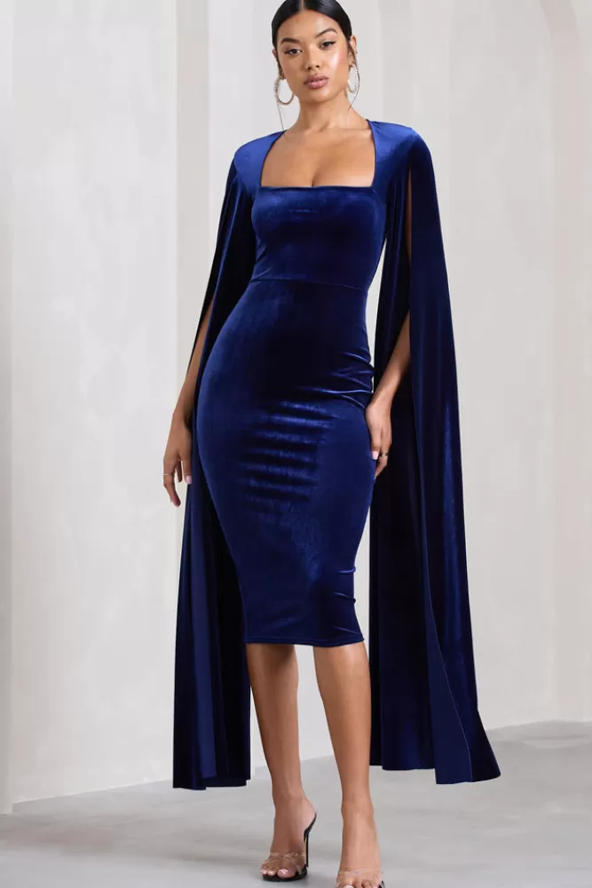 Club L London Flawless | Velvet Square Neck Midi Dress With Cape Sleeves NAVY Discount