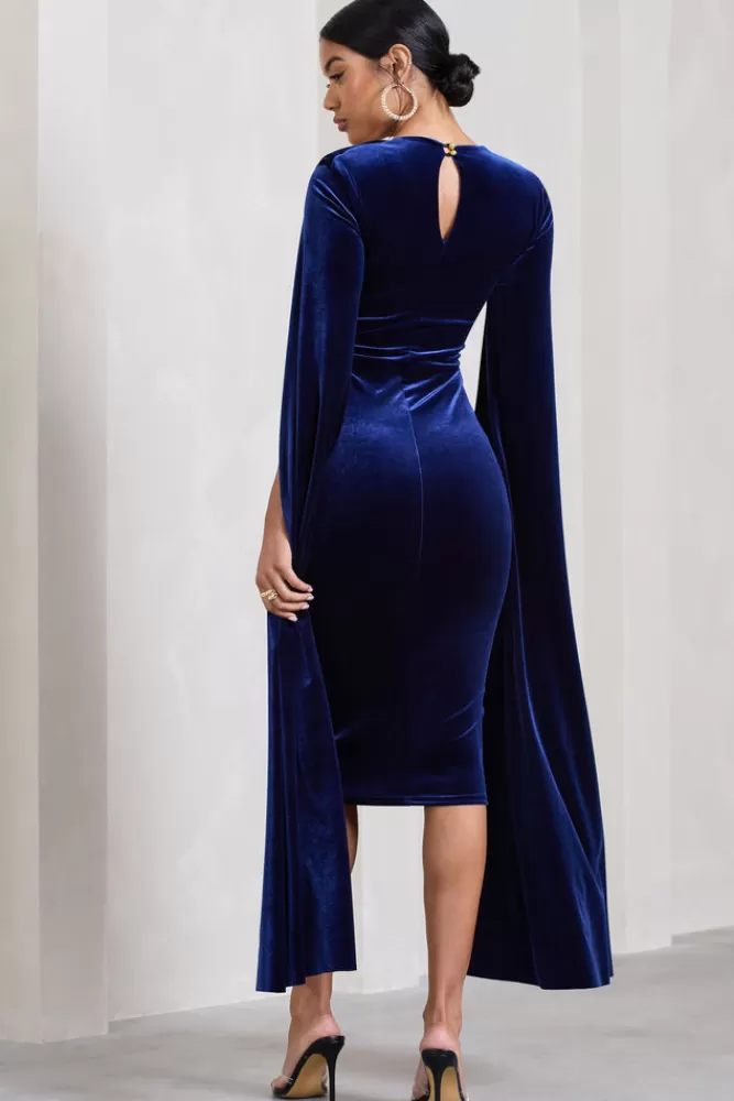 Club L London Flawless | Velvet Square Neck Midi Dress With Cape Sleeves NAVY Discount