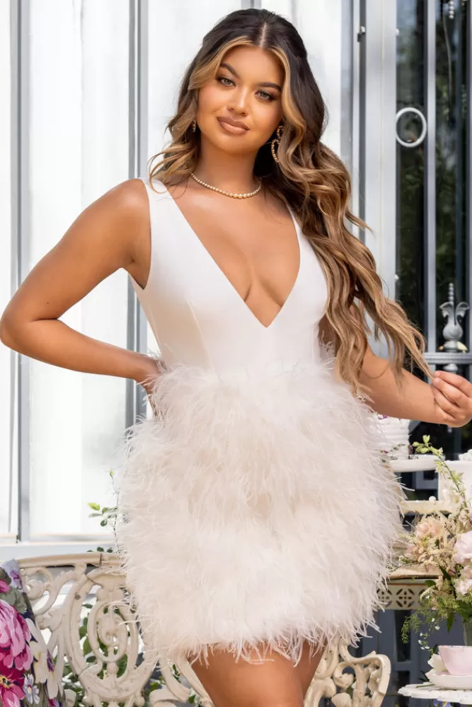 Club L London Flirt | Plunge Front Mini Dress With Feather Skirt White Online