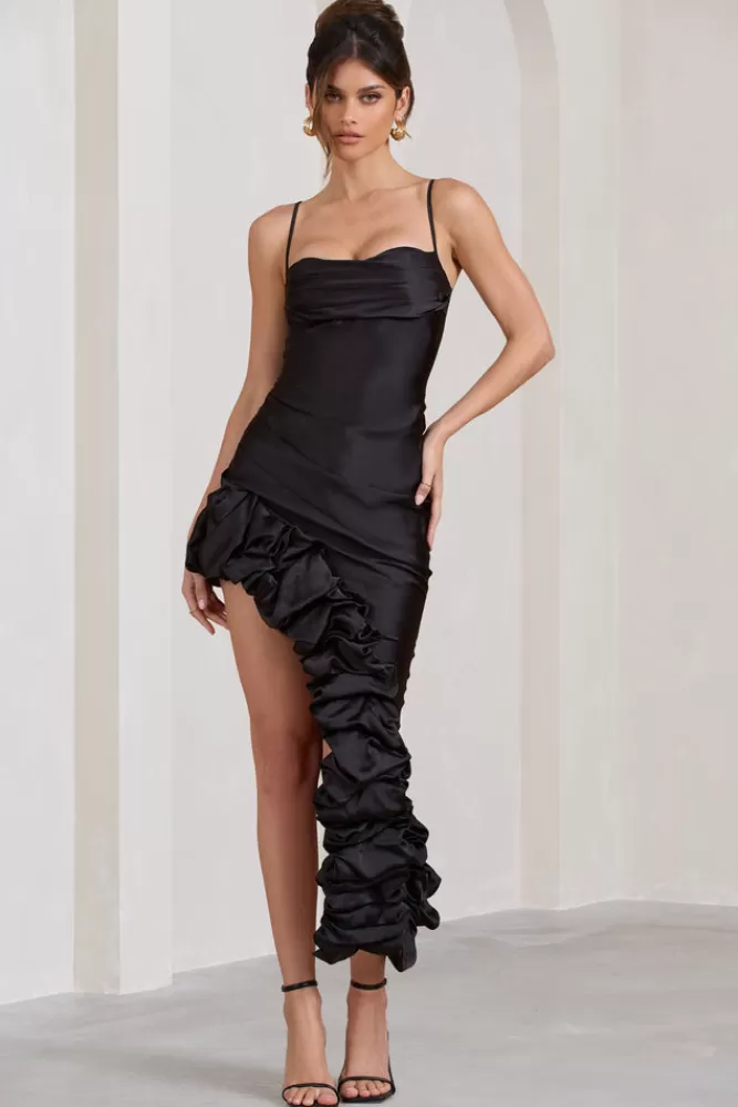 Club L London Florence | Satin Asymmetric Ruffle Cowl Midi Dress BLACK Cheap