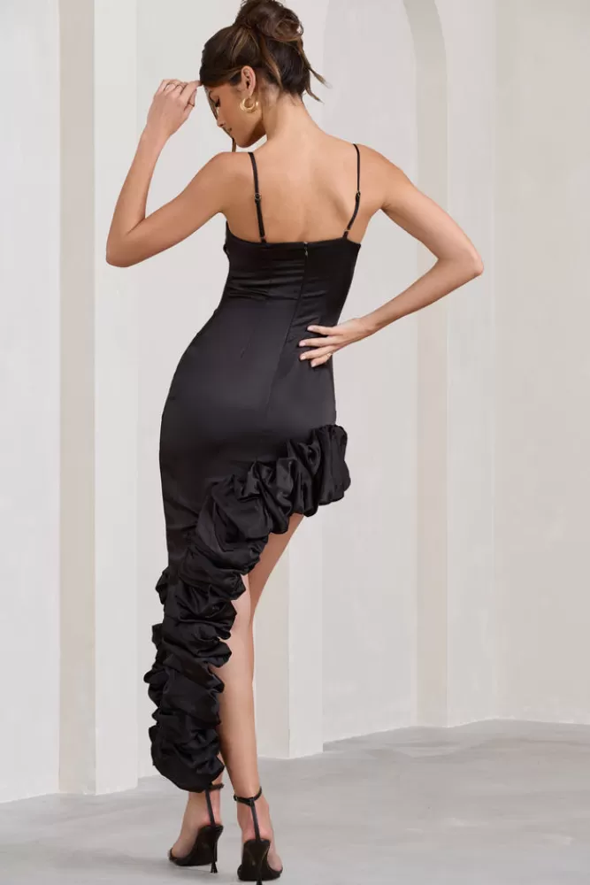 Club L London Florence | Satin Asymmetric Ruffle Cowl Midi Dress BLACK Cheap