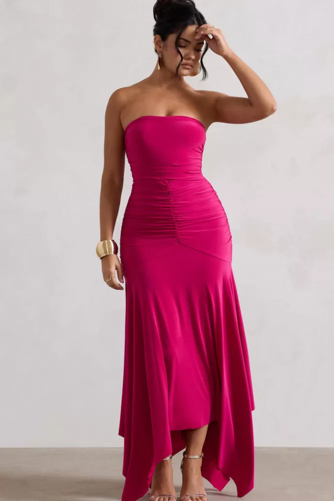 Club L London Florianne | Hot Pink Ruched Bandeau Midi Dress HOTPINK Online