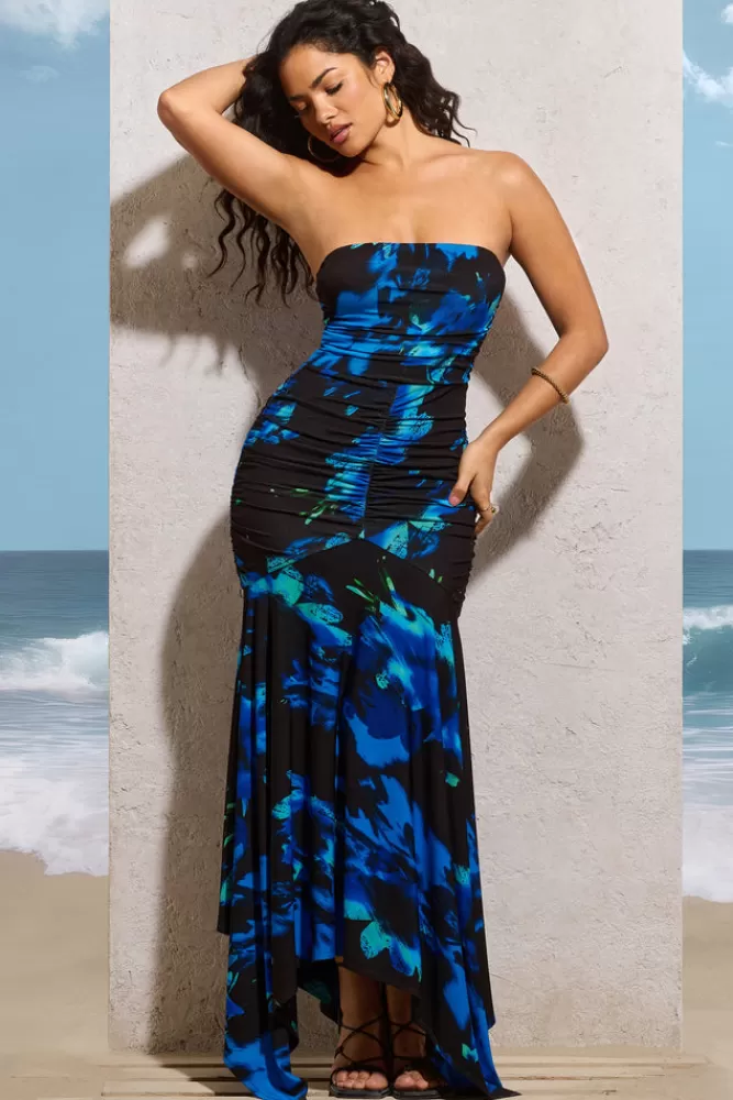 Club L London Florianne | Navy Floral Print Ruched Bandeau Maxi Dress NAVYFLORALPRINT Clearance