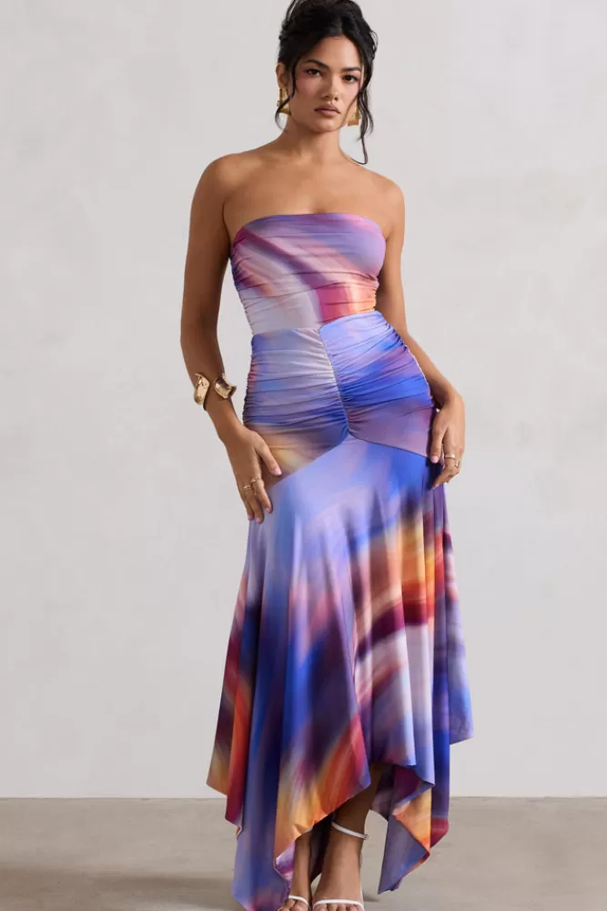 Club L London Florianne | Ombre Print Ruched Bandeau Midi Dress MIXEDOMBRE Shop