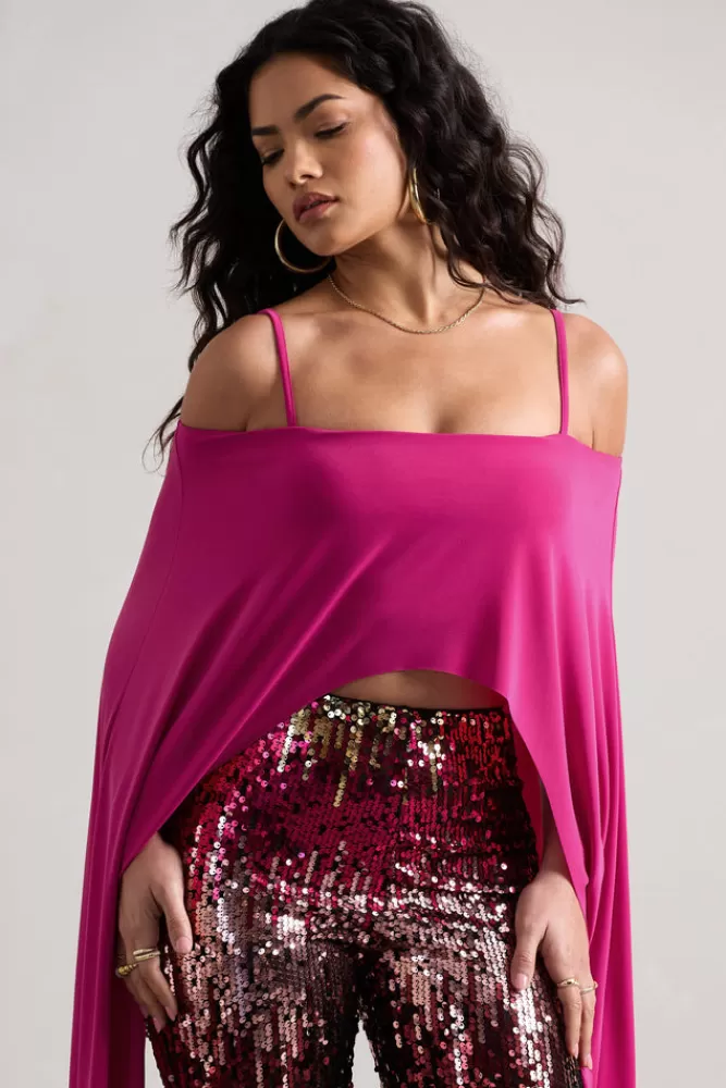 Club L London Floyd | Dark Pink Bardot Cape Sleeve Crop Top MAGENTA Hot