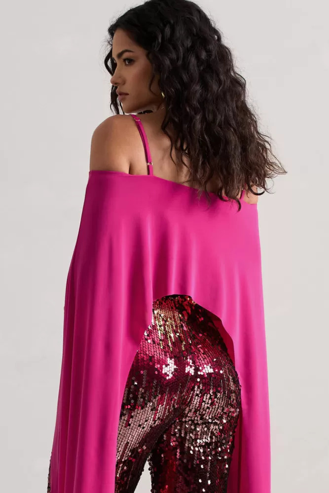 Club L London Floyd | Dark Pink Bardot Cape Sleeve Crop Top MAGENTA Hot