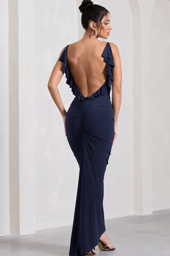 Club L London Flute | Bodycon Maxi Dress With Ruched Ruffled Back NAVY Sale