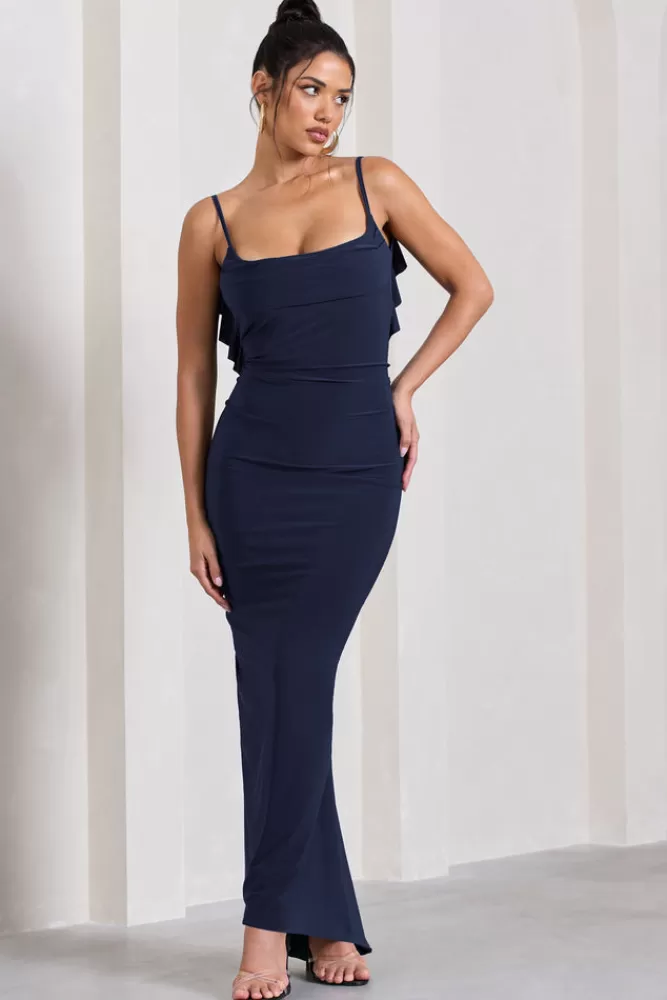 Club L London Flute | Bodycon Maxi Dress With Ruched Ruffled Back NAVY Sale