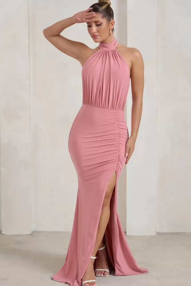 Club L London Forever Dreaming | Backless Halterneck Ruched Split Maxi Dress ROSE Outlet