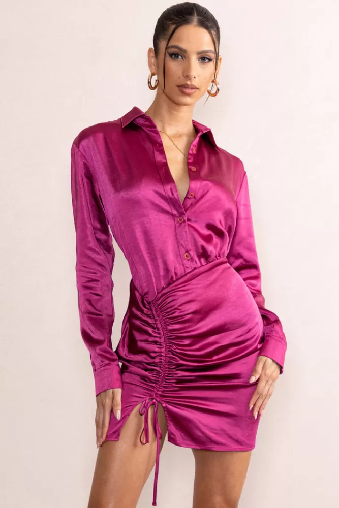 Club L London Francine | Satin Ruched Long Sleeve Shirt Mini Dress ORCHID Sale