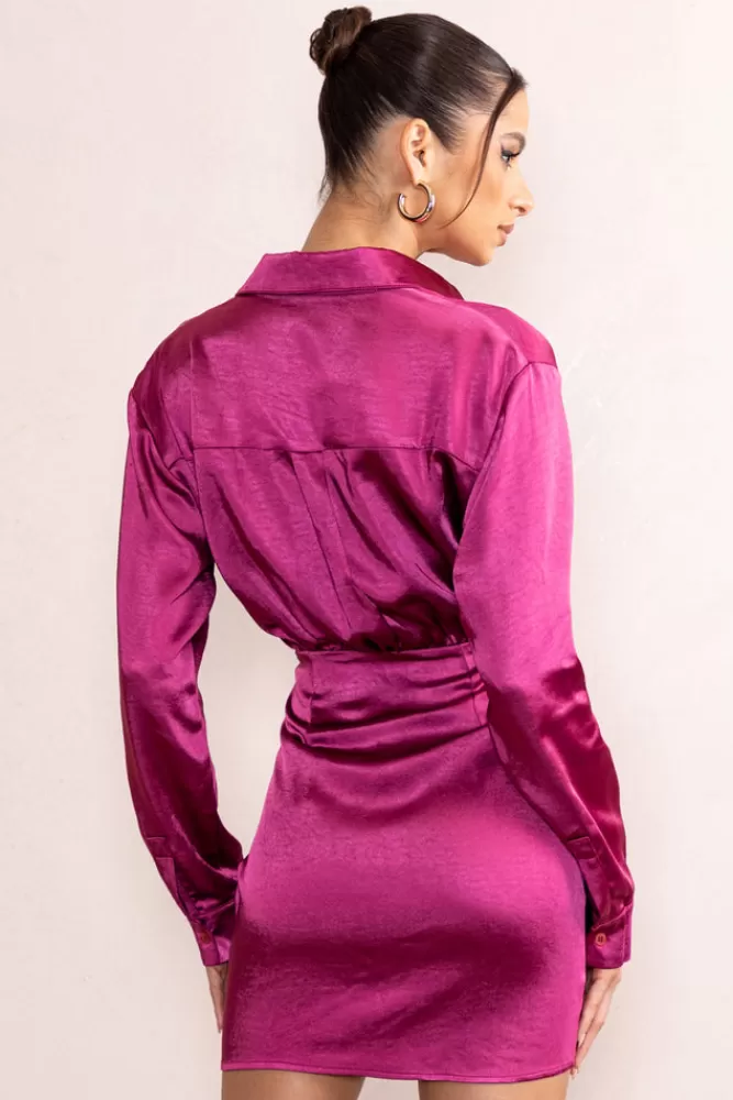 Club L London Francine | Satin Ruched Long Sleeve Shirt Mini Dress ORCHID Sale