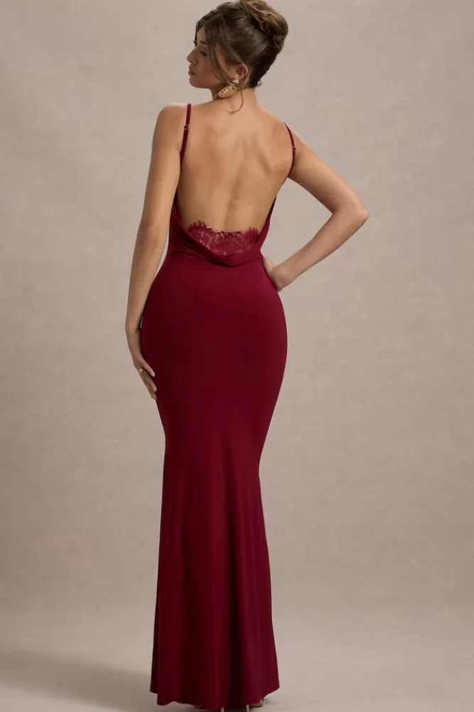 Club L London Francoise | Cowl Neck Backless Maxi Dress With Lace Insert BERRY Cheap