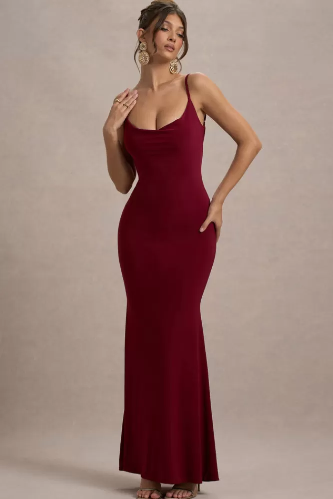 Club L London Francoise | Cowl Neck Backless Maxi Dress With Lace Insert BERRY Cheap